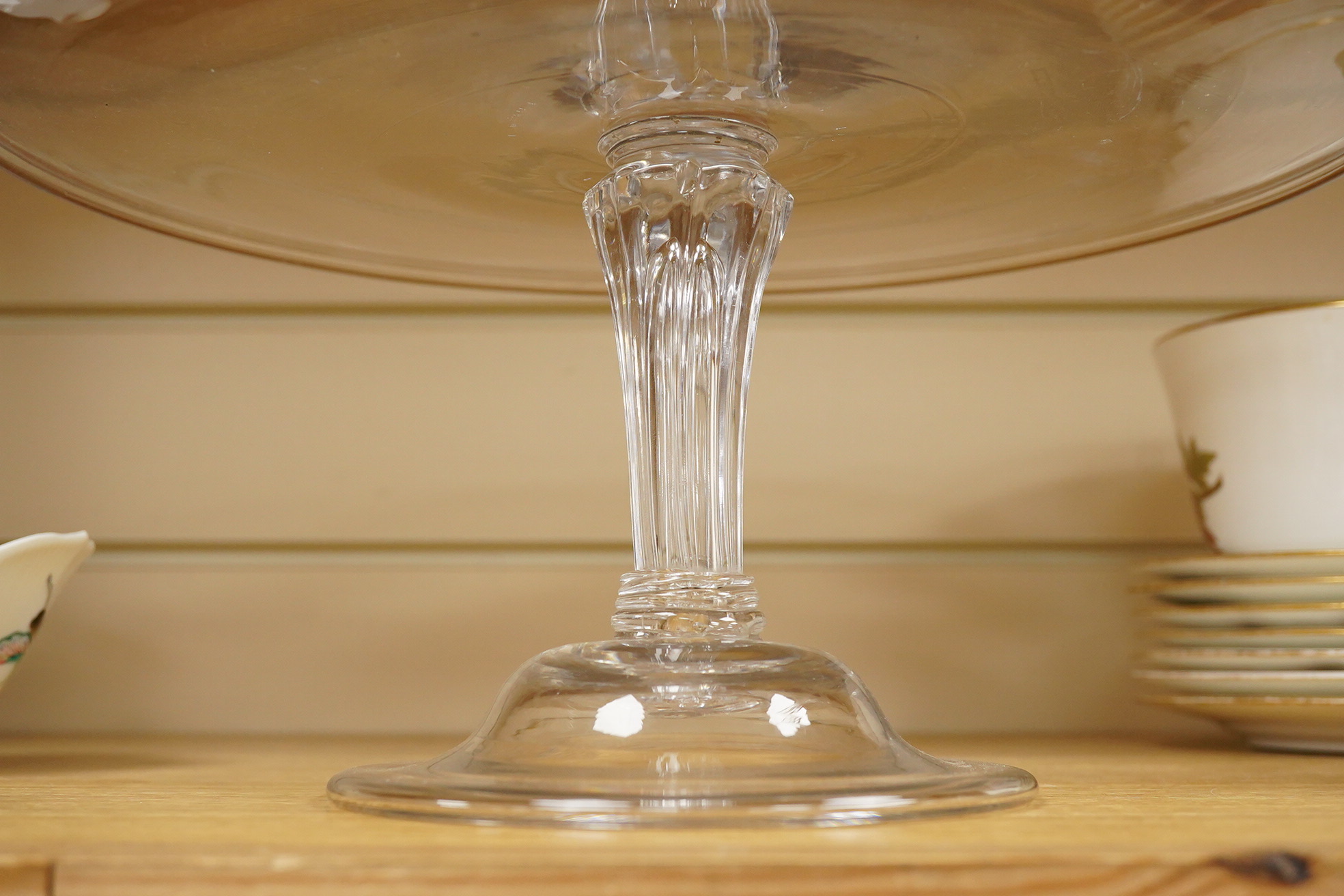 A late 18th century glass tazza, circa 1780, with a ‘’Silesian’’ stem, on a domed and folded foot, 14.5cm high x 30.5cm diameter